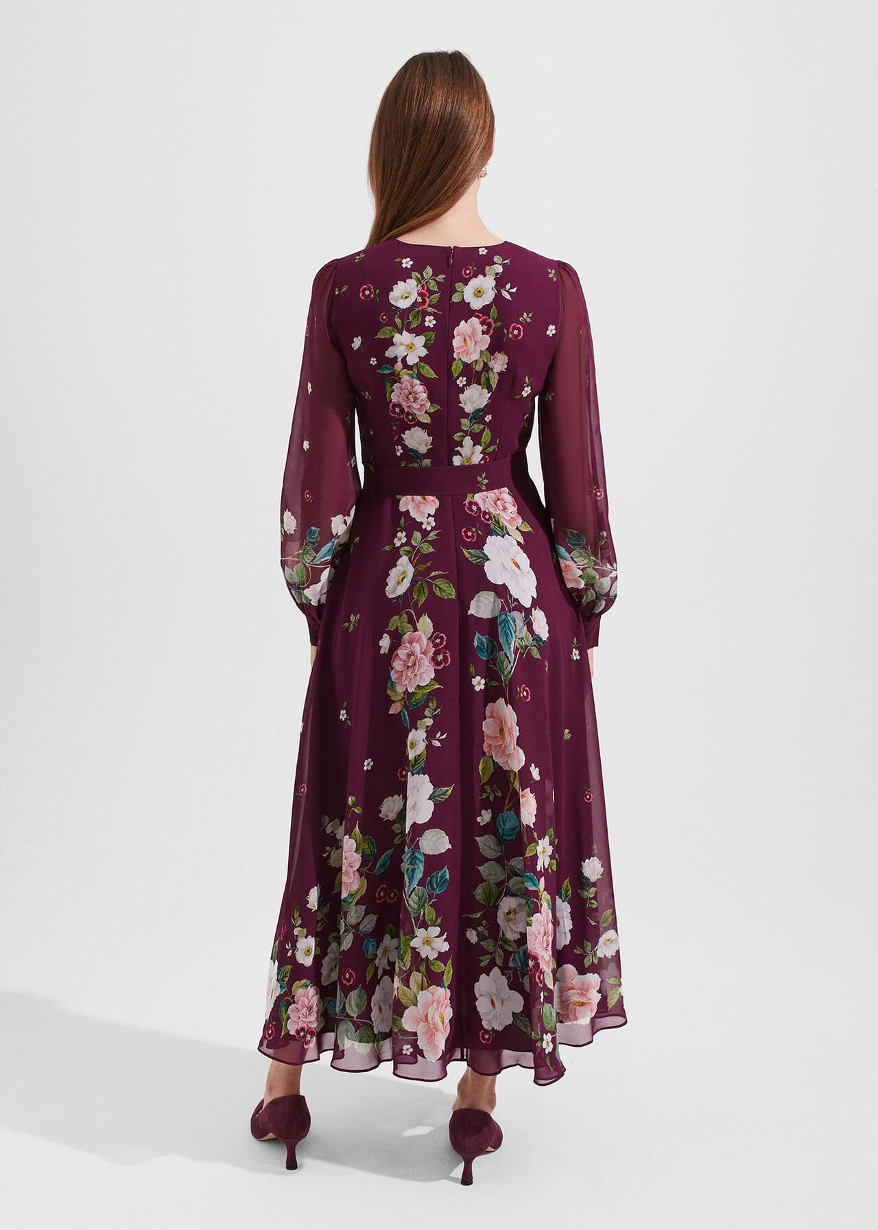 Maribella Silk Floral Dress, Burgundy Multi, hi-res