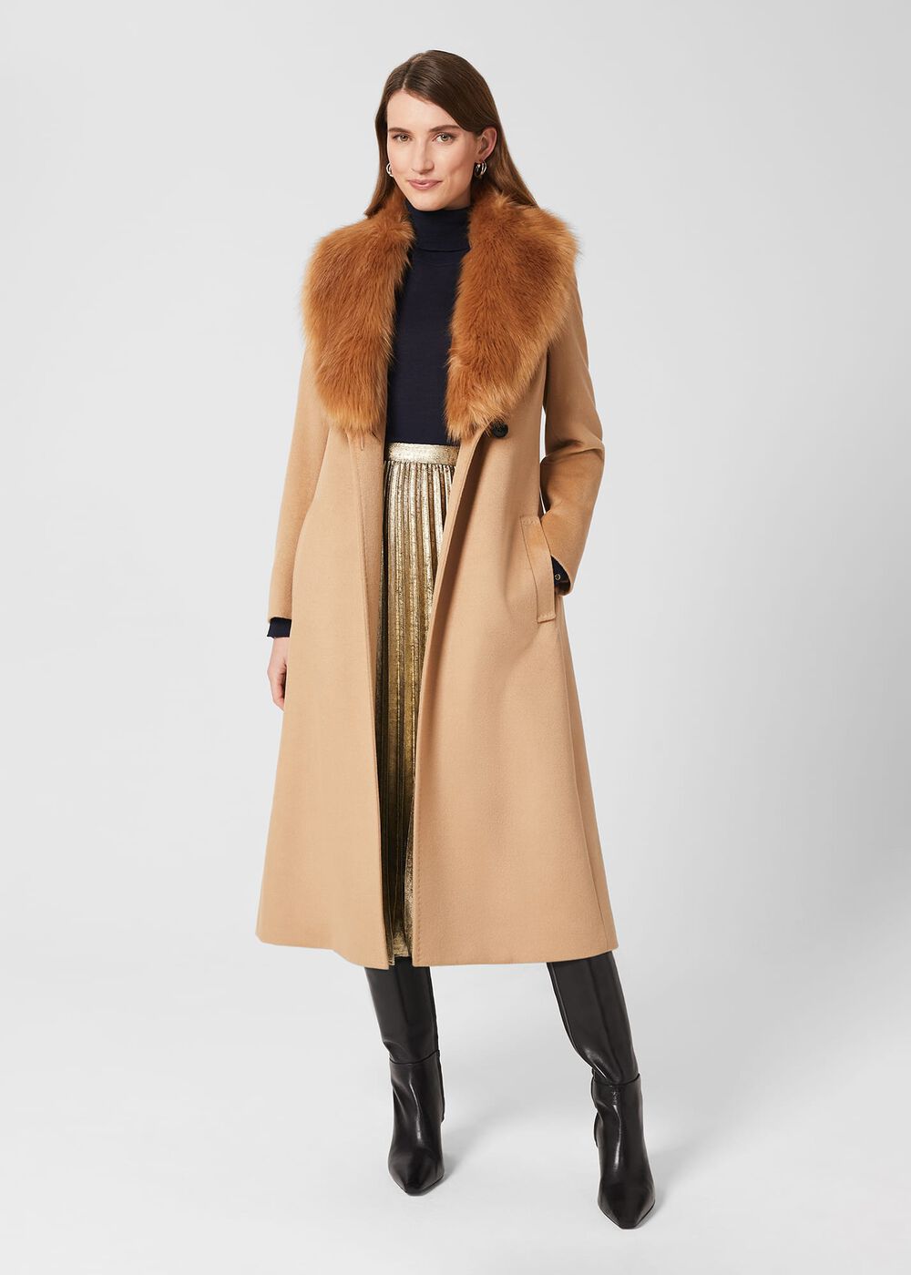Fleur Wool Coat With Faux Fur Collar, Camel, hi-res