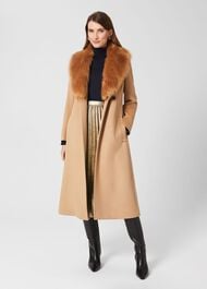 Fleur Wool Coat With Faux Fur Collar, Camel, hi-res