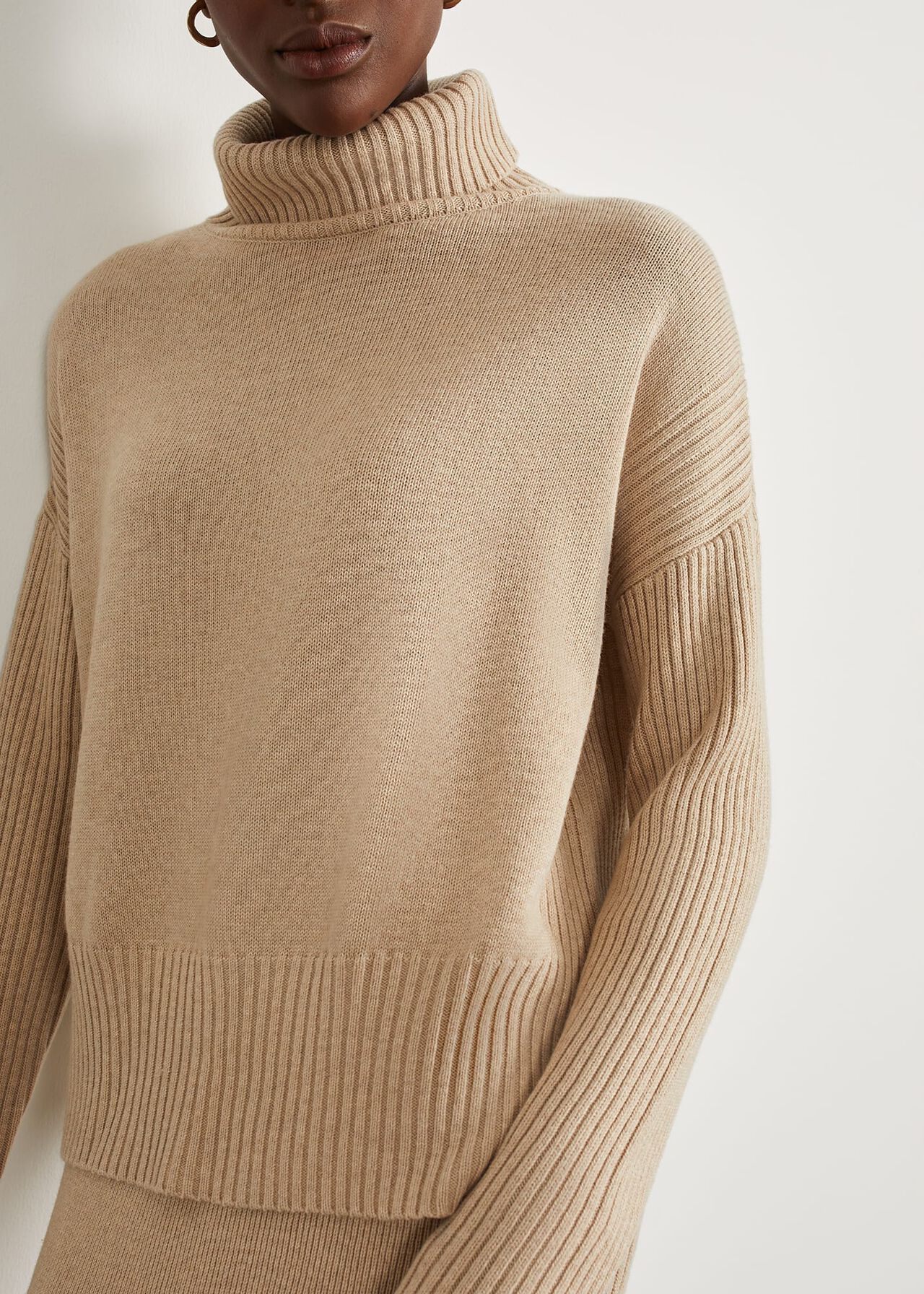 Lovell Co-Ord Wool Cotton Roll Neck Jumper, Oatmeal Marl, hi-res