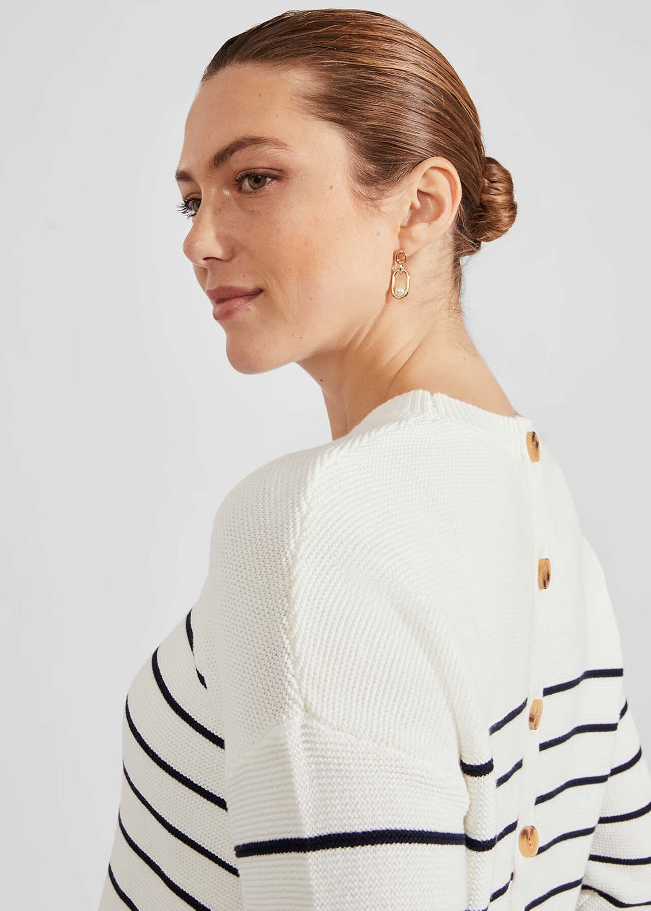 Ruby Cotton Button Sweater, Ivory Navy, hi-res
