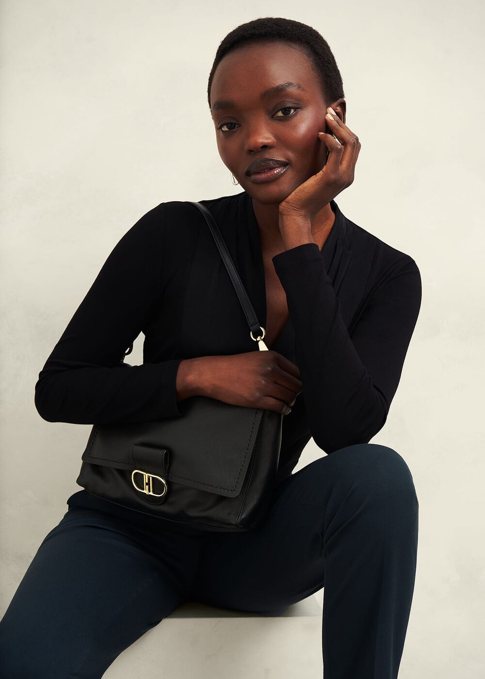 Lana Leather Shoulder Bag, Black, hi-res