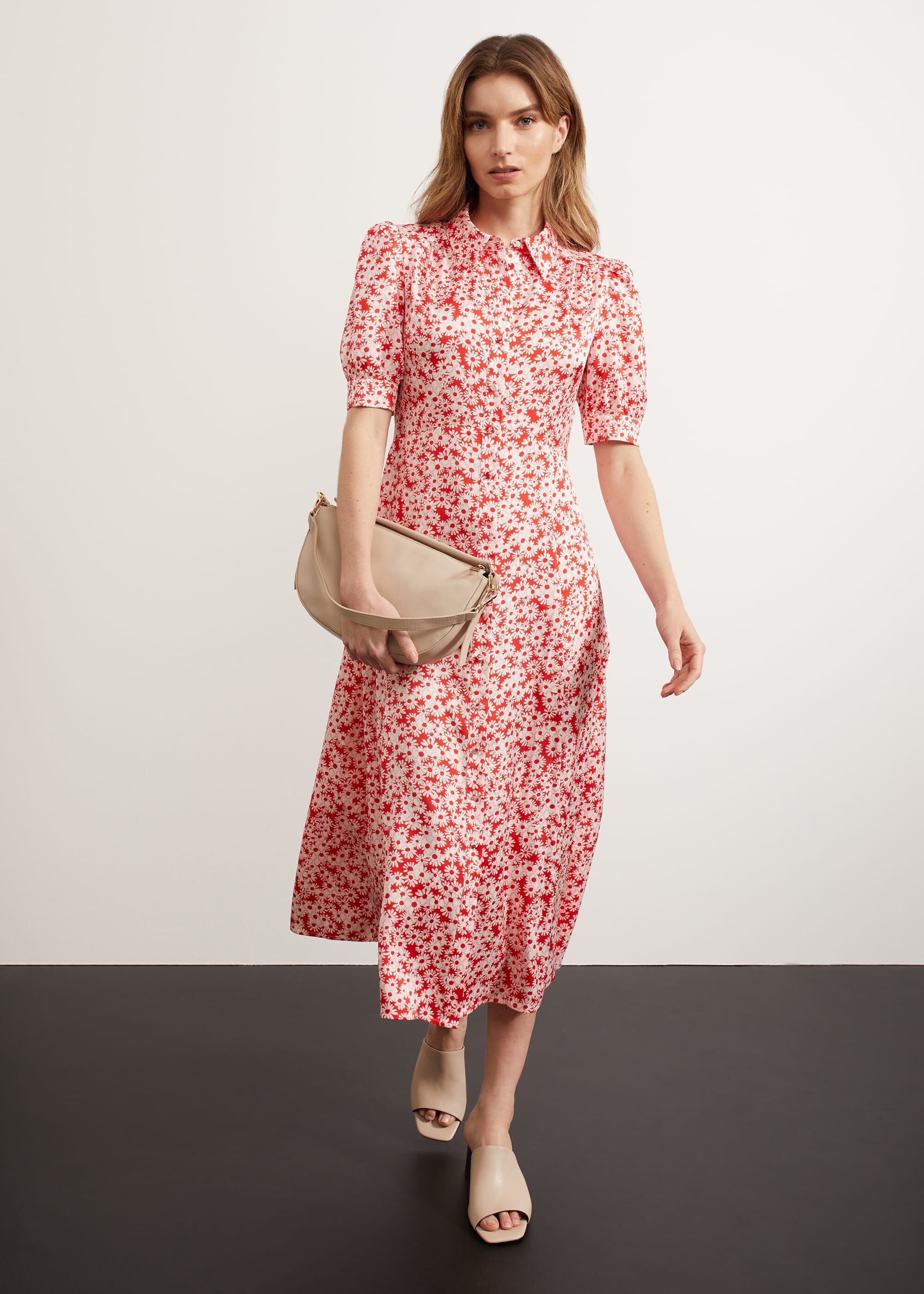 Cotton Poplin Puff Sleeve Woven Shirt Dress With Dropped