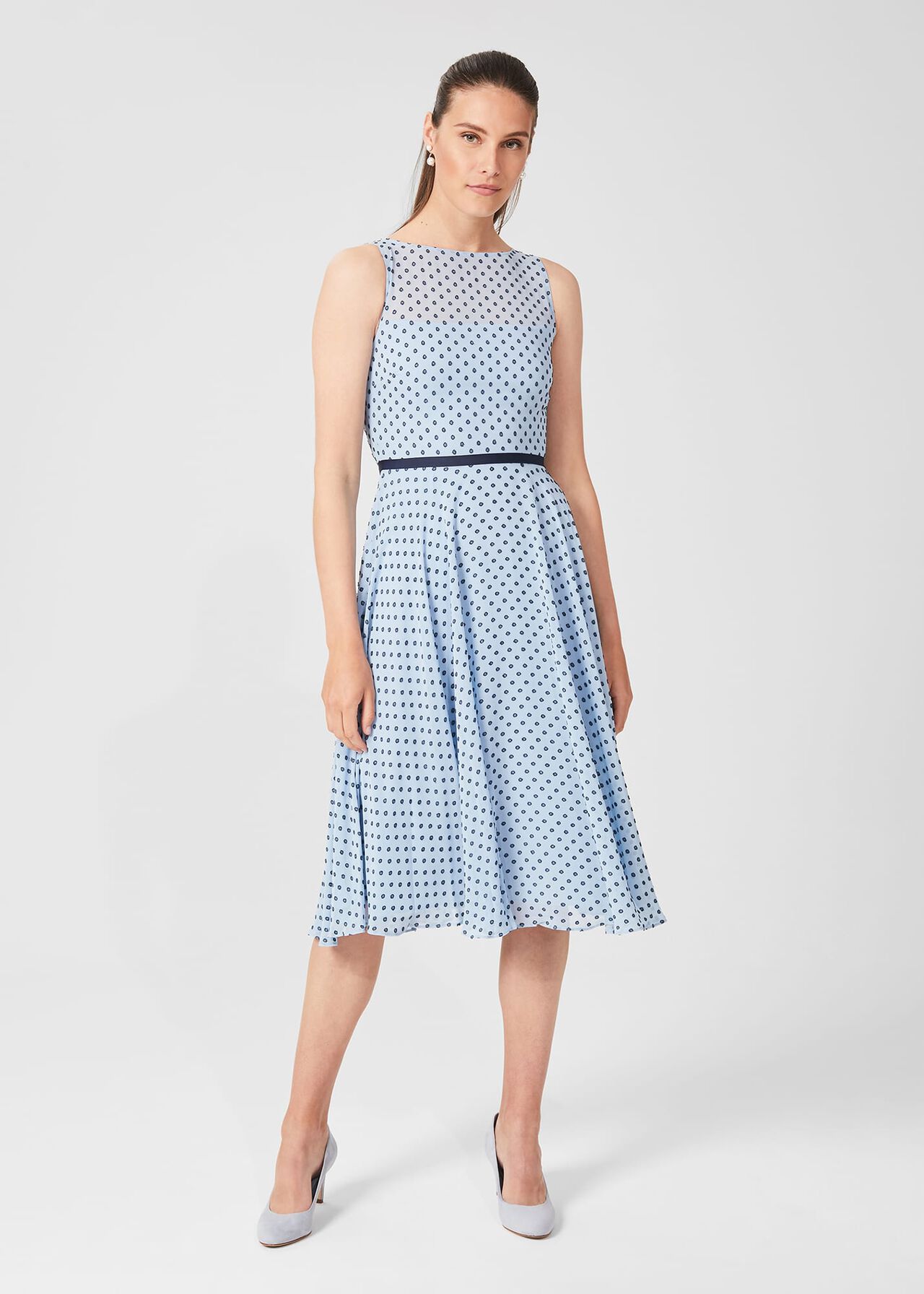 Della Jaquard Spot Dress, Powder Blue Nvy, hi-res