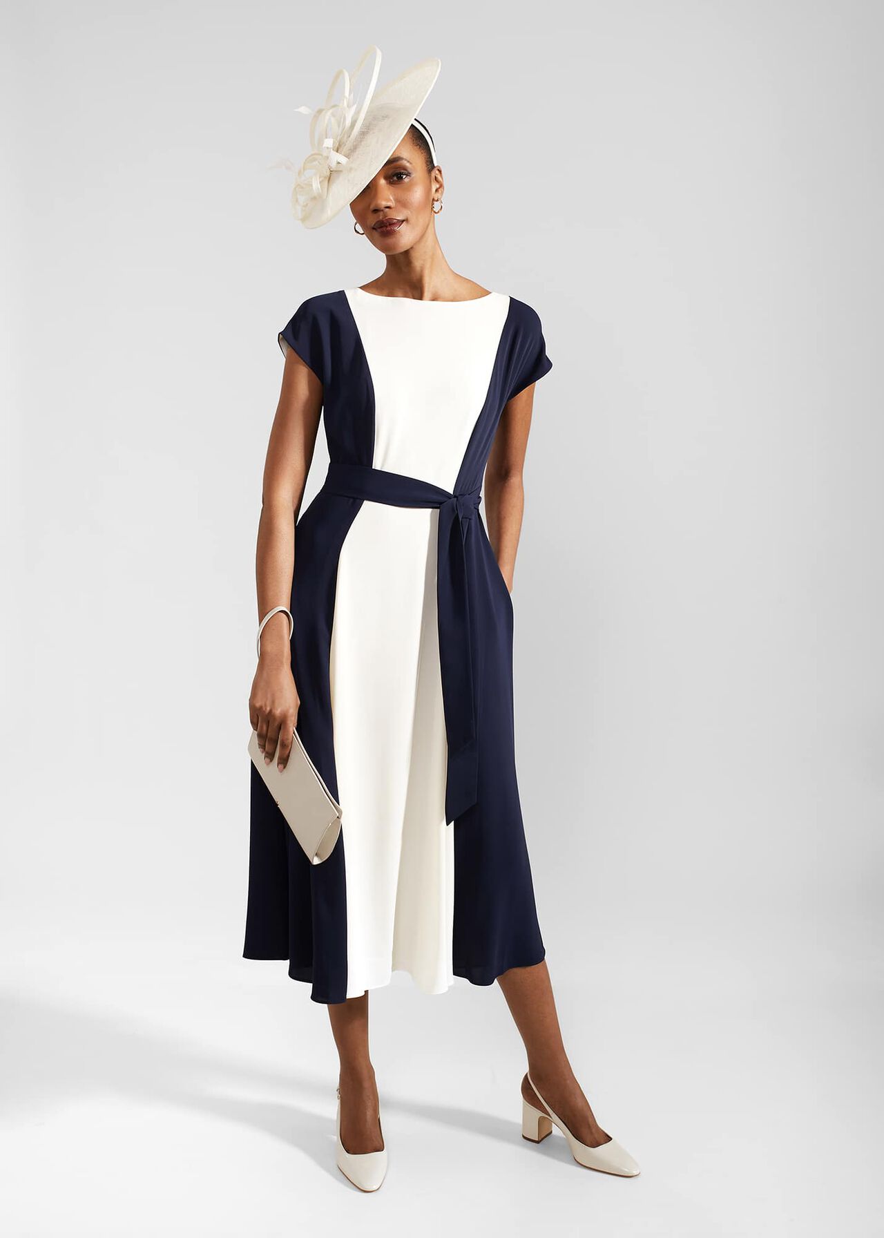 Emery Tie Belted Midi Dress, Navy Cream, hi-res