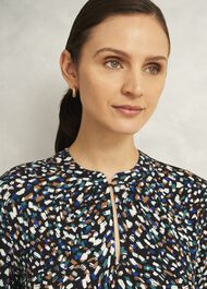 Navy Margot Printed Button Key Hole 3/4 Sleeve Top, Blue Multi, hi-res