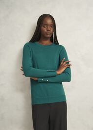 Dark Green Penny Merino Wool Crew Neck Knitted Jumper, Deep Lake Green, hi-res