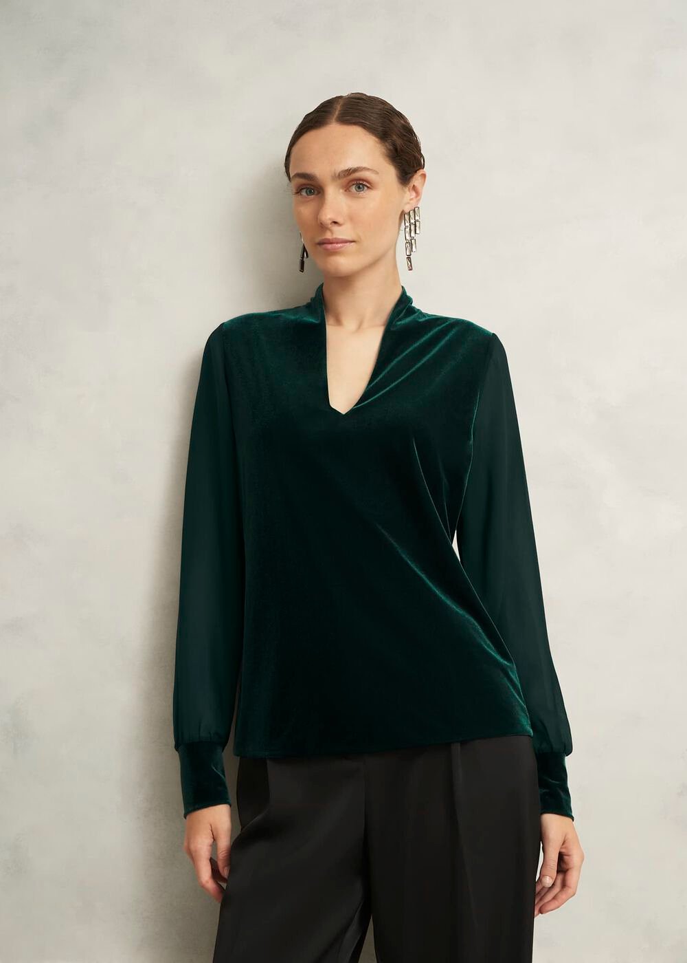 Aimee Velvet V Neck 3/4 Sleeve Top, Ponderosa Green, hi-res