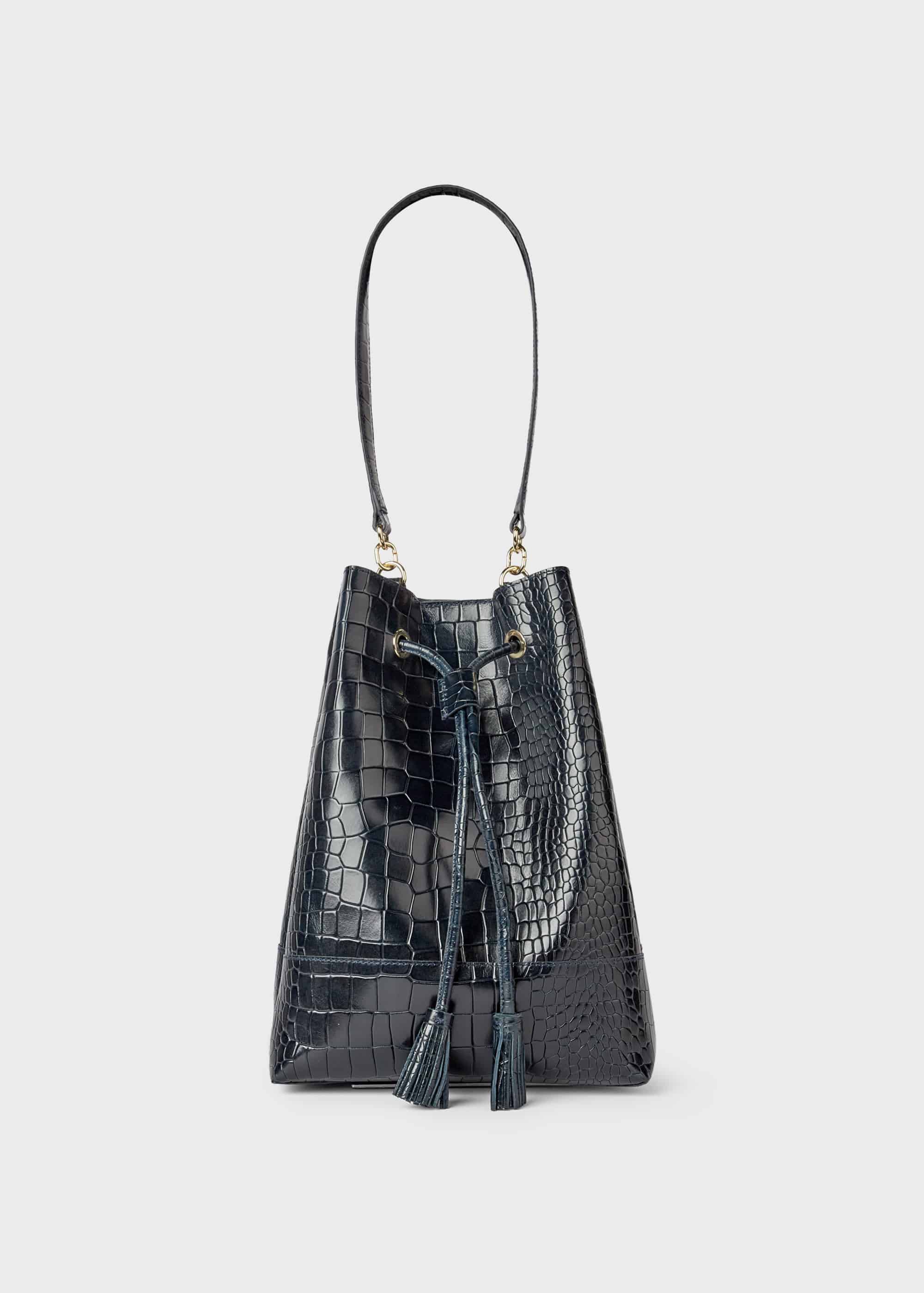 navy leather bucket bag