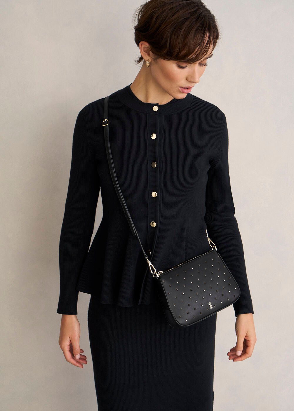 Briella Leather Stud Bag, Black, hi-res