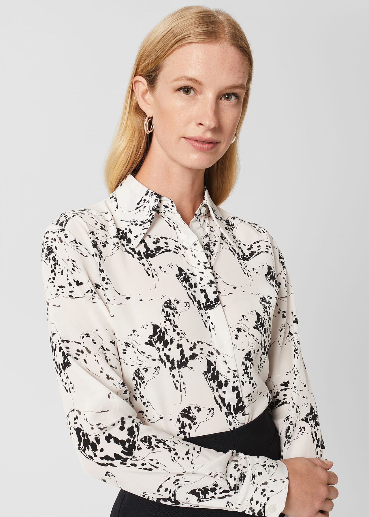 Eva Silk Printed Shirt, Ivory Black, hi-res