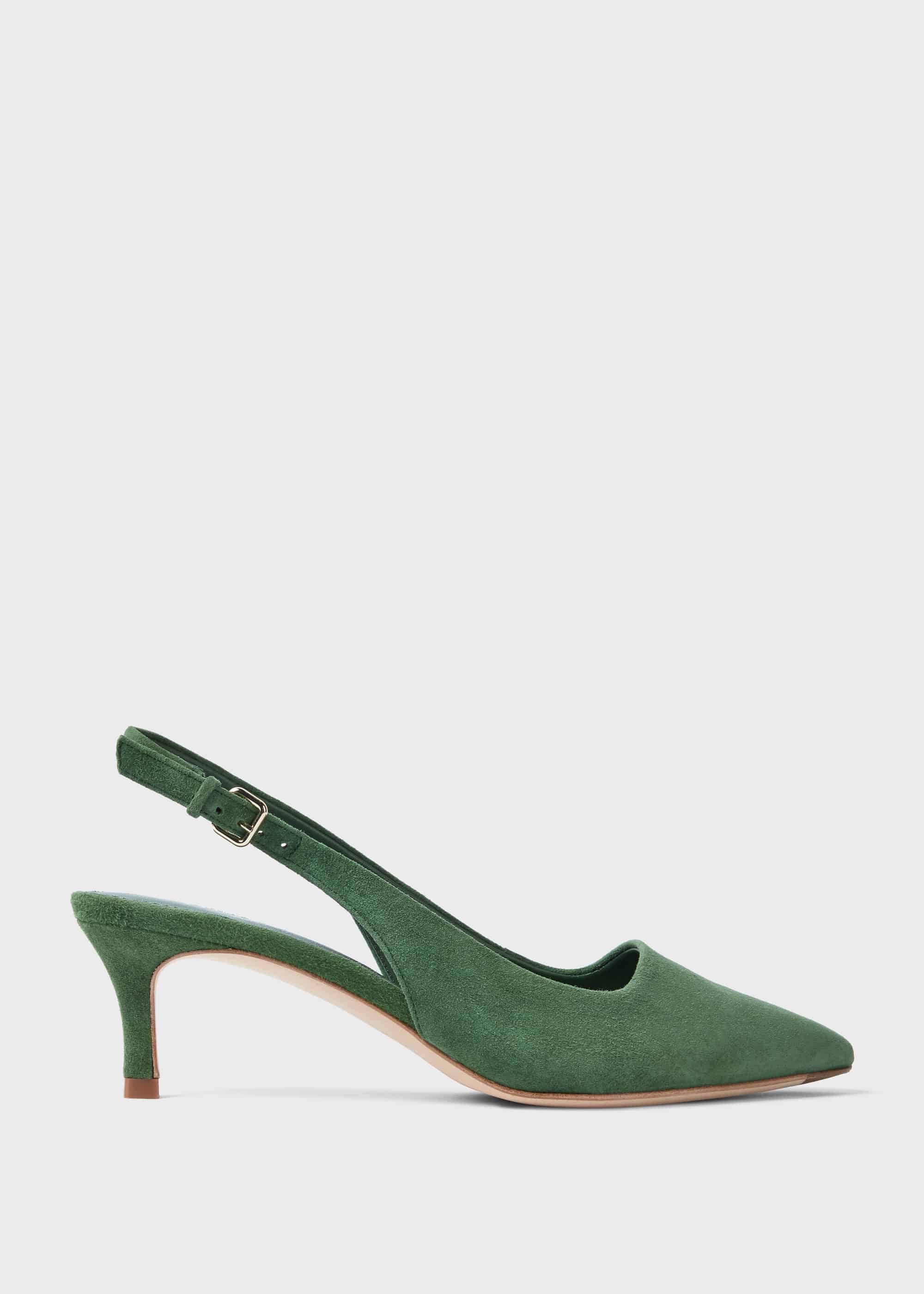 green suede kitten heels