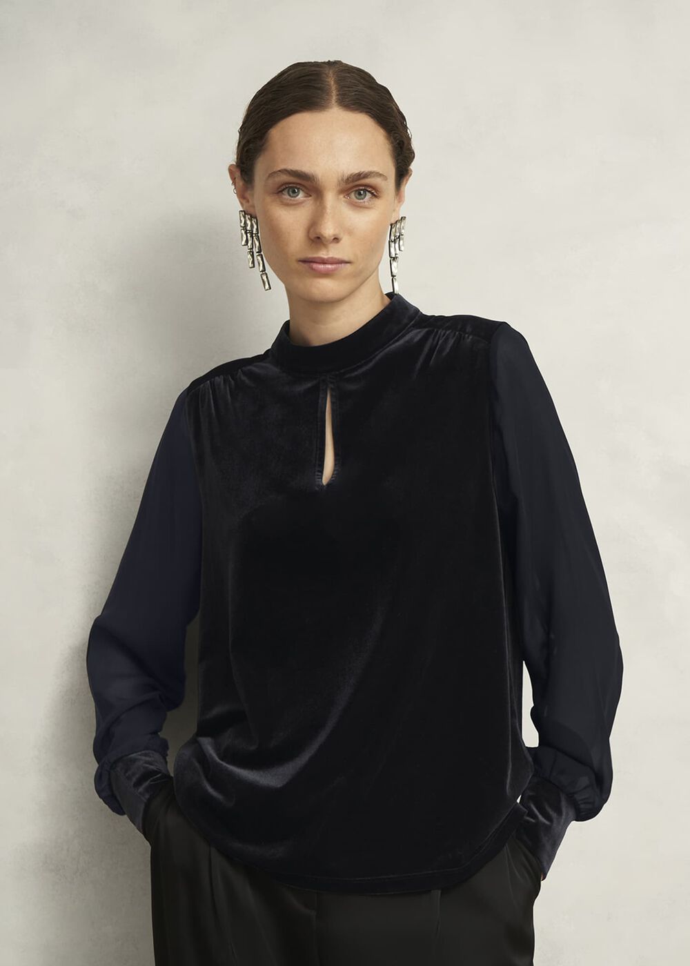 Lorelai High Neck Sheer Sleeve Top, Black, hi-res