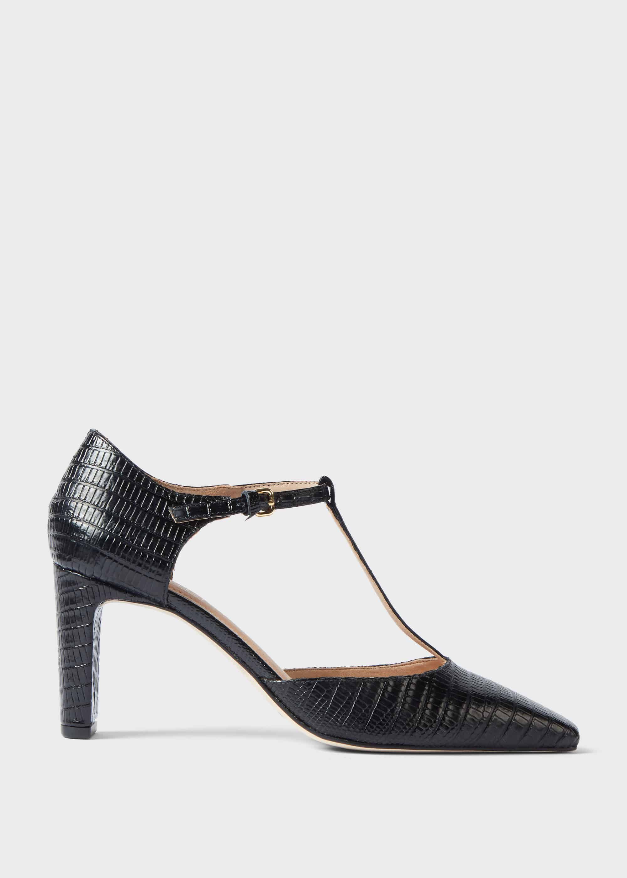 black leather block heel court shoes