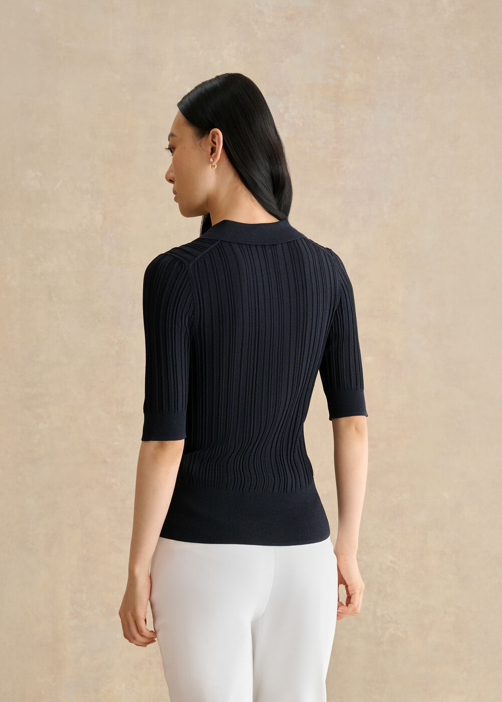 Blair Pointelle Knitted Polo Top, Hobbs Navy, hi-res