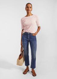 Katie Cotton Button Back Top, White Red, hi-res