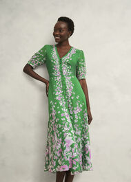 Ana Silk Floral Dress, Green Pink, hi-res