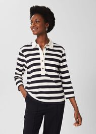 Llilie Cotton Striped Polo Shirt, Ivory Navy, hi-res