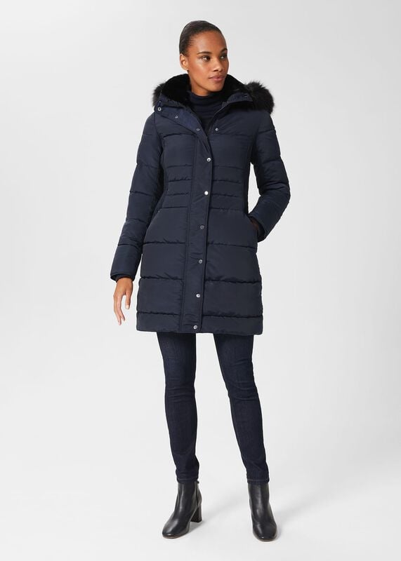Women S Puffer Jackets Padded Quilted, Womens Navy Blue Coat With Fur Hood