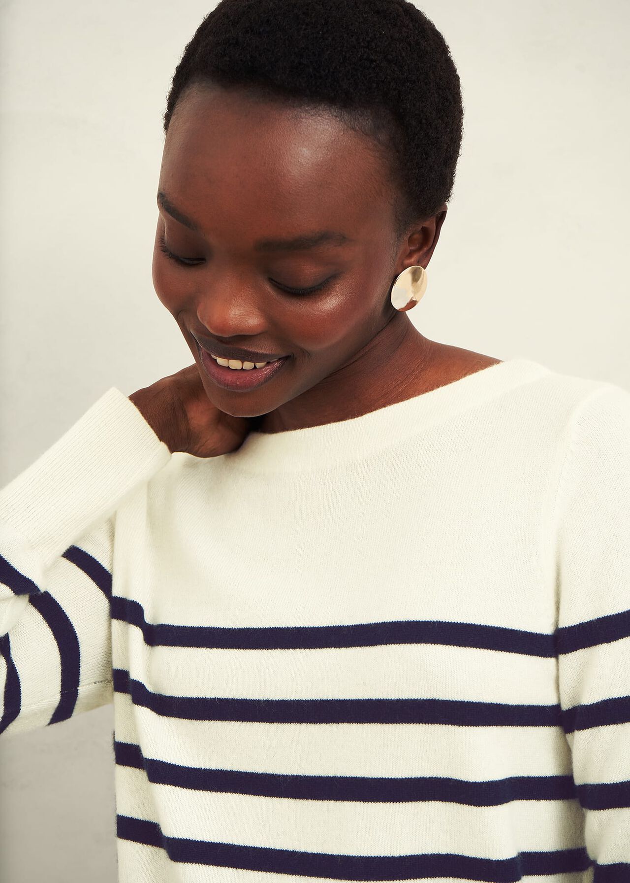 Larina Cashmere Stripe Jumper, Ivory Navy, hi-res