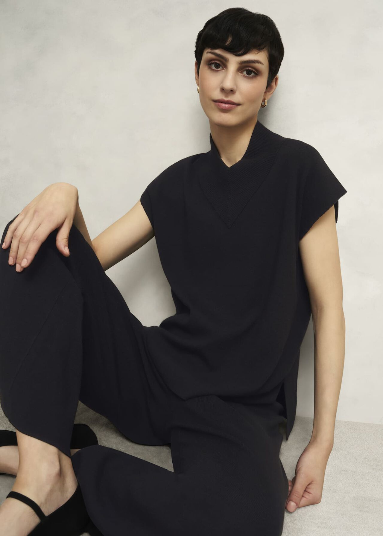 Black Harris High V Neck Knitted Co-ord Tank Top, Hobbs Black, hi-res