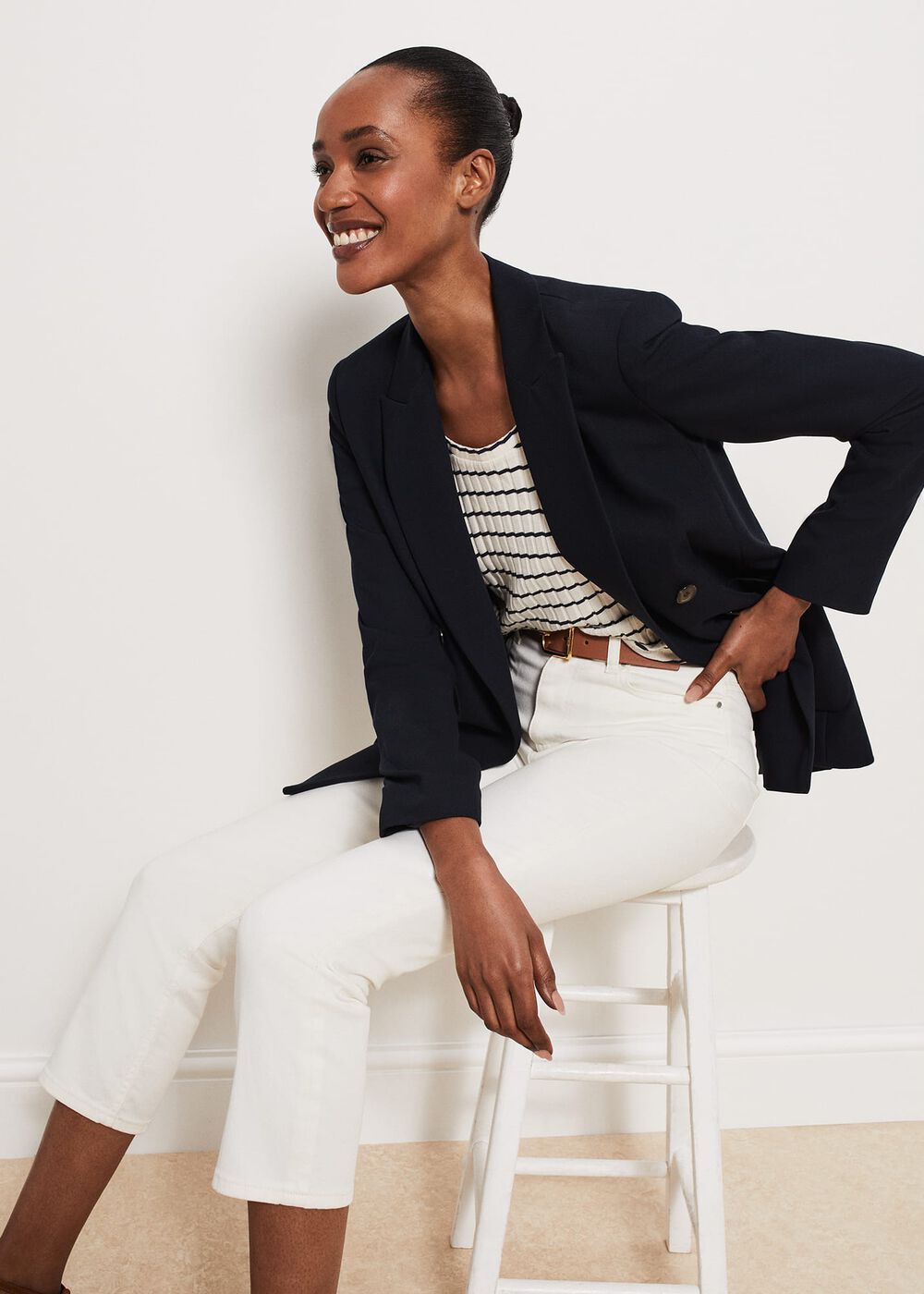 Montagu Ribbed Top, Cream Navy, hi-res