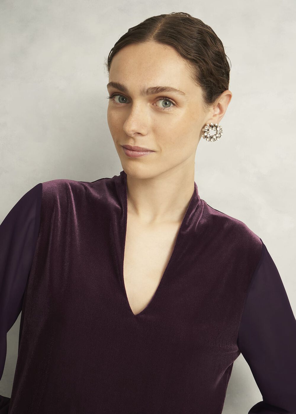 Aimee Velvet V Neck 3/4 Sleeve Top, Malbec Purple, hi-res