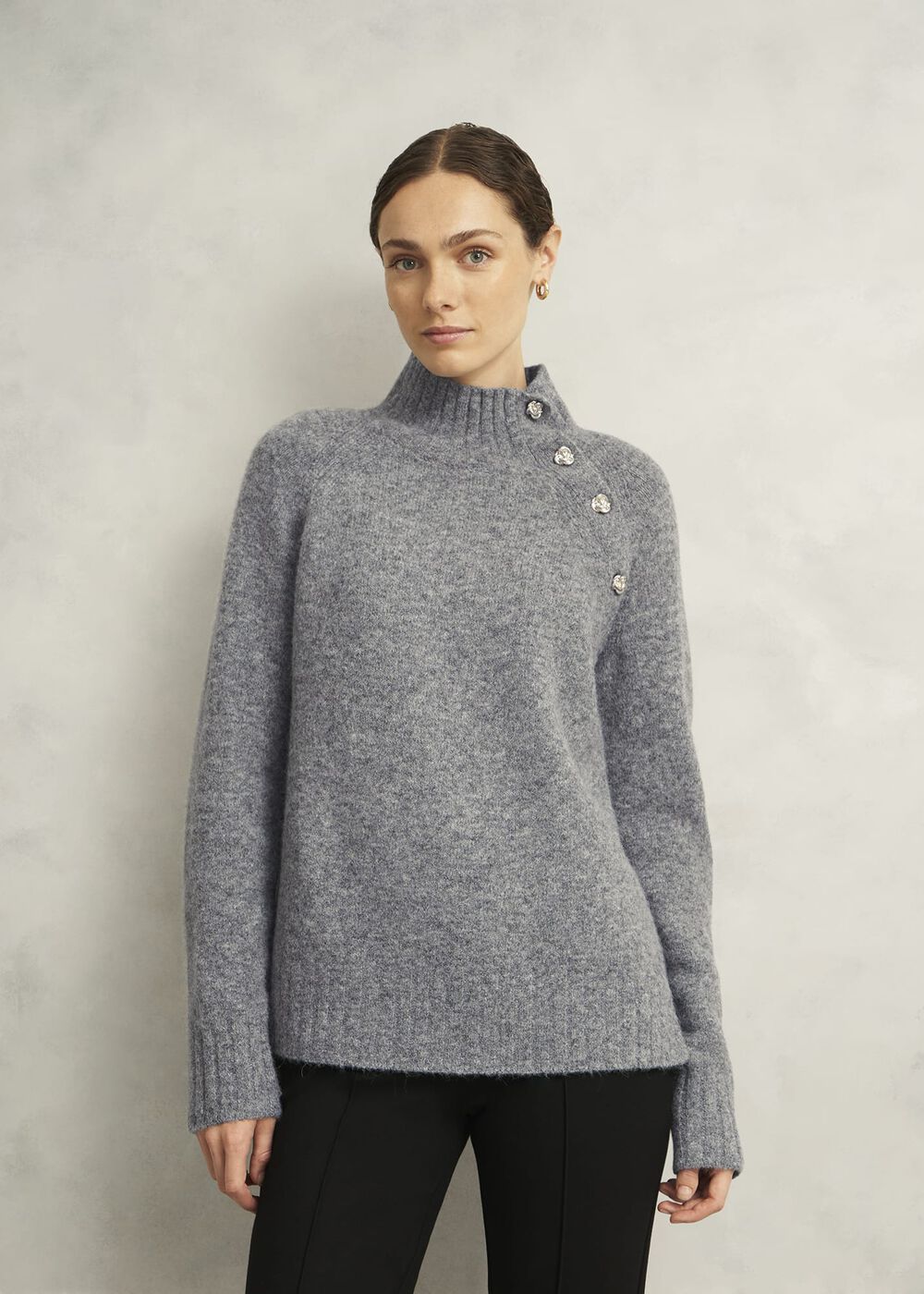 Lisbeth Roll Neck Button Detail Knitted Jumper, Mid Grey Marl, hi-res