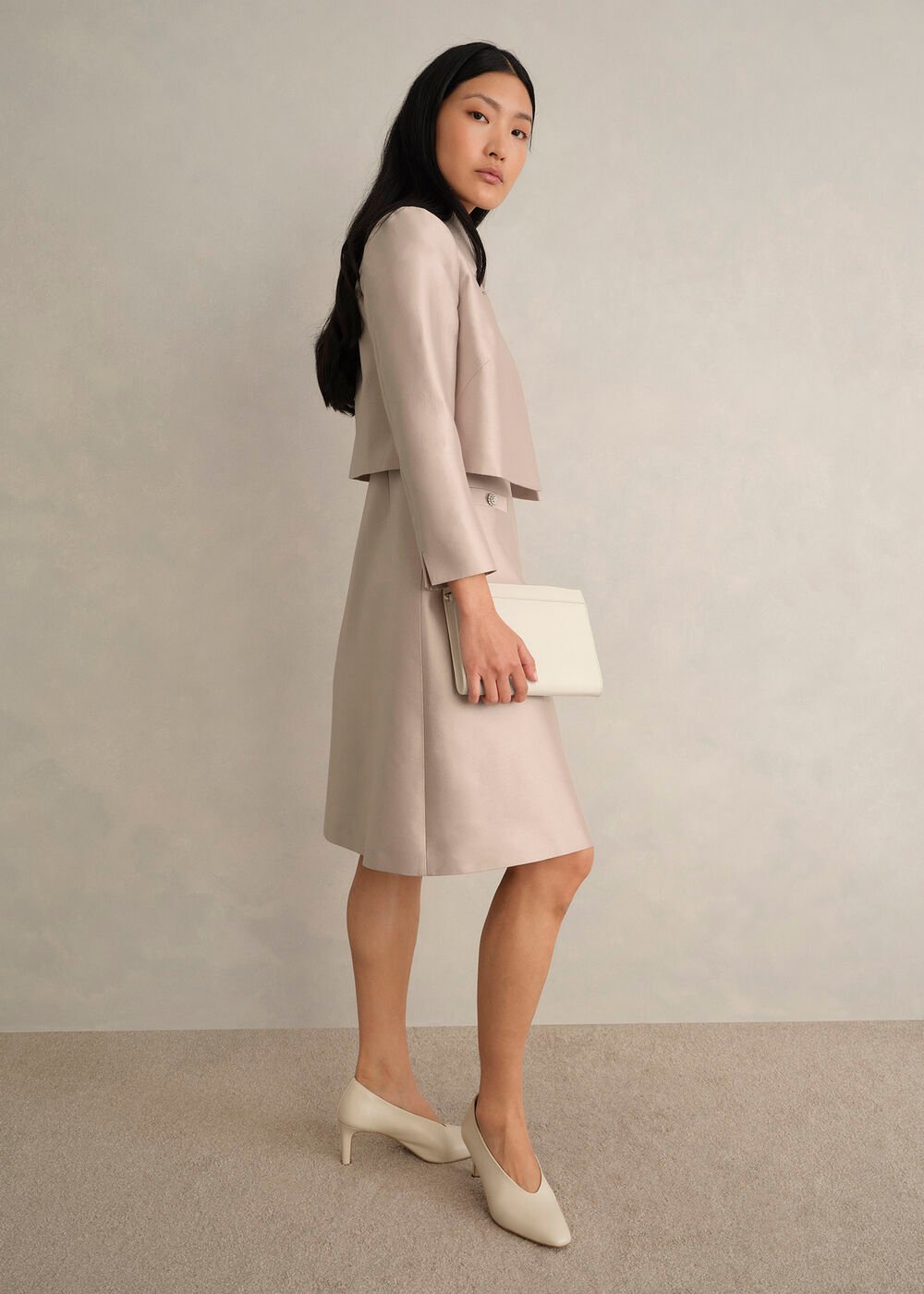 Avery Wool Silk Dress, Oyster, hi-res