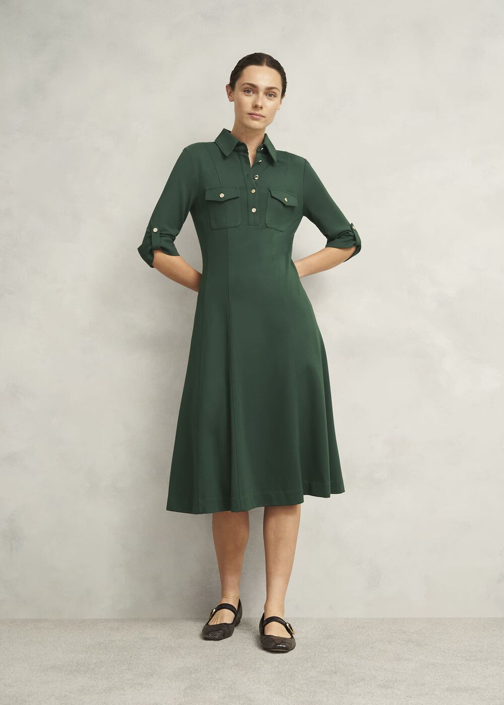Dark Green Angelica Utility Ponte Midi Dress, Rich Sage Green, hi-res