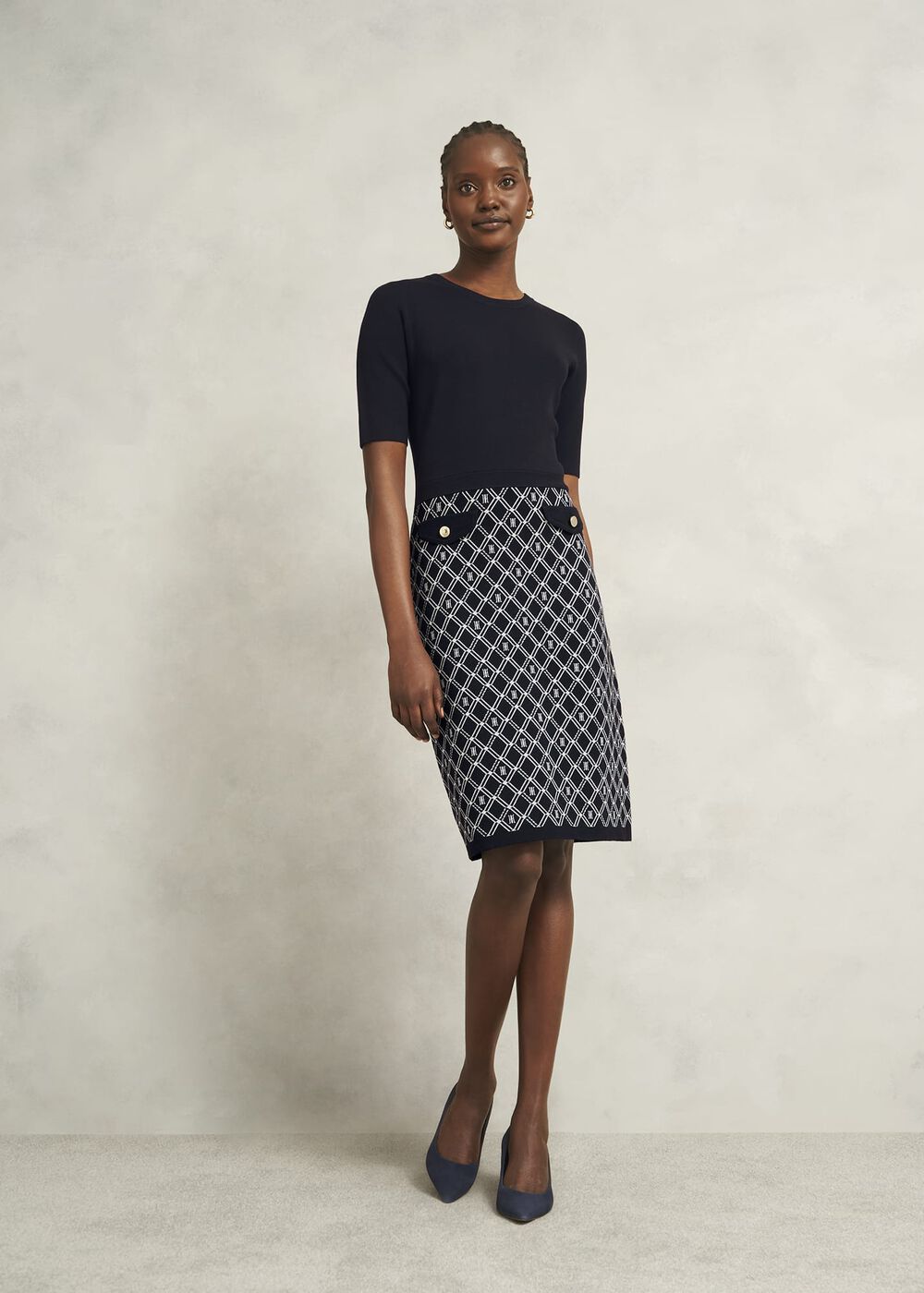 Perrie Knitted Dress, Navy Ivory, hi-res