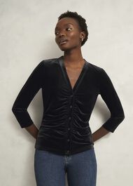 Hattie Velvet Ruched Button Front Top, Black, hi-res