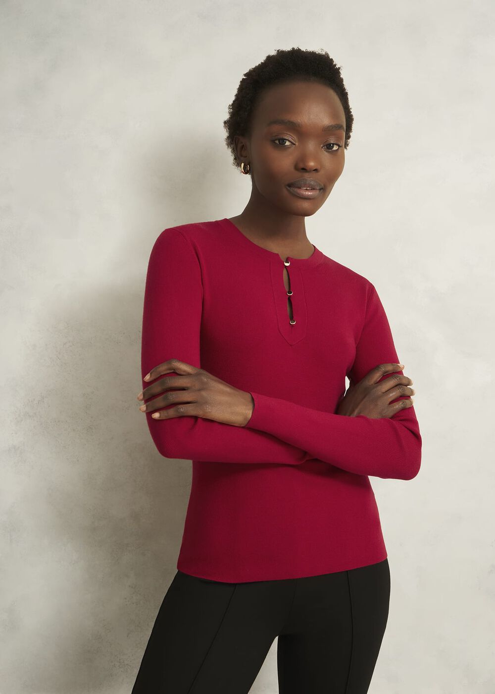 Hayden Button Detail Knitted Jumper, Pomegranate Red, hi-res