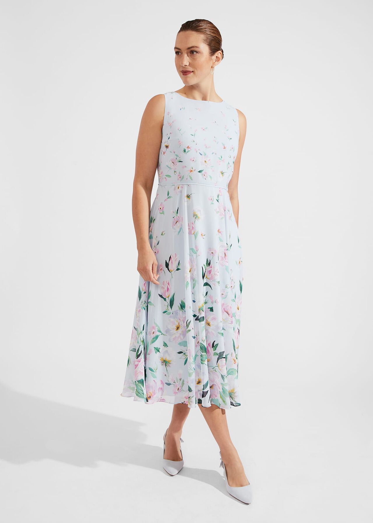 Petite Carly Floral Midi Dress, Pale Blue Multi, hi-res
