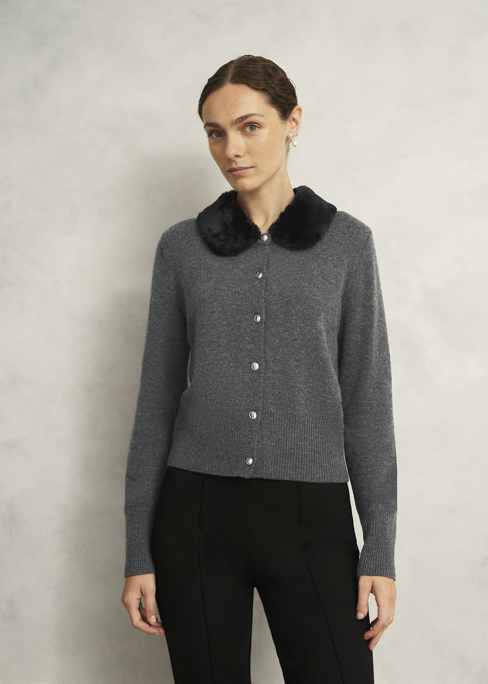 Lulah Wool Blend Fur Collar Knitted Cardigan, Charcoal Grey, hi-res