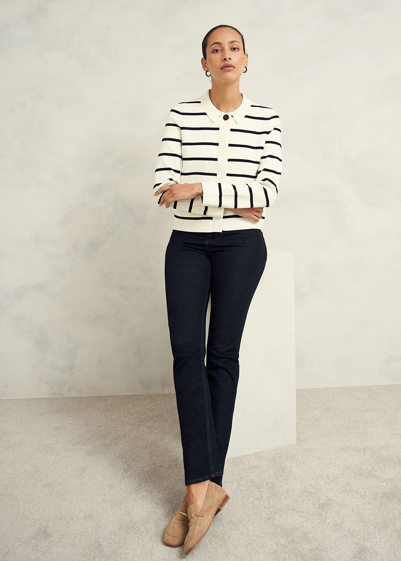 Ellie Cotton Wool Knitted Jacket, Ivory Navy, hi-res
