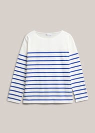 Sian Striped Long Sleeve Cotton Top, Ivory Blue, hi-res