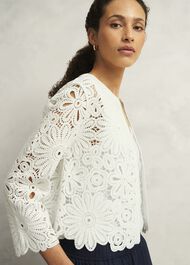 Ivory Syon Floral Cotton Crochet Knitted Jacket, Ivory, hi-res