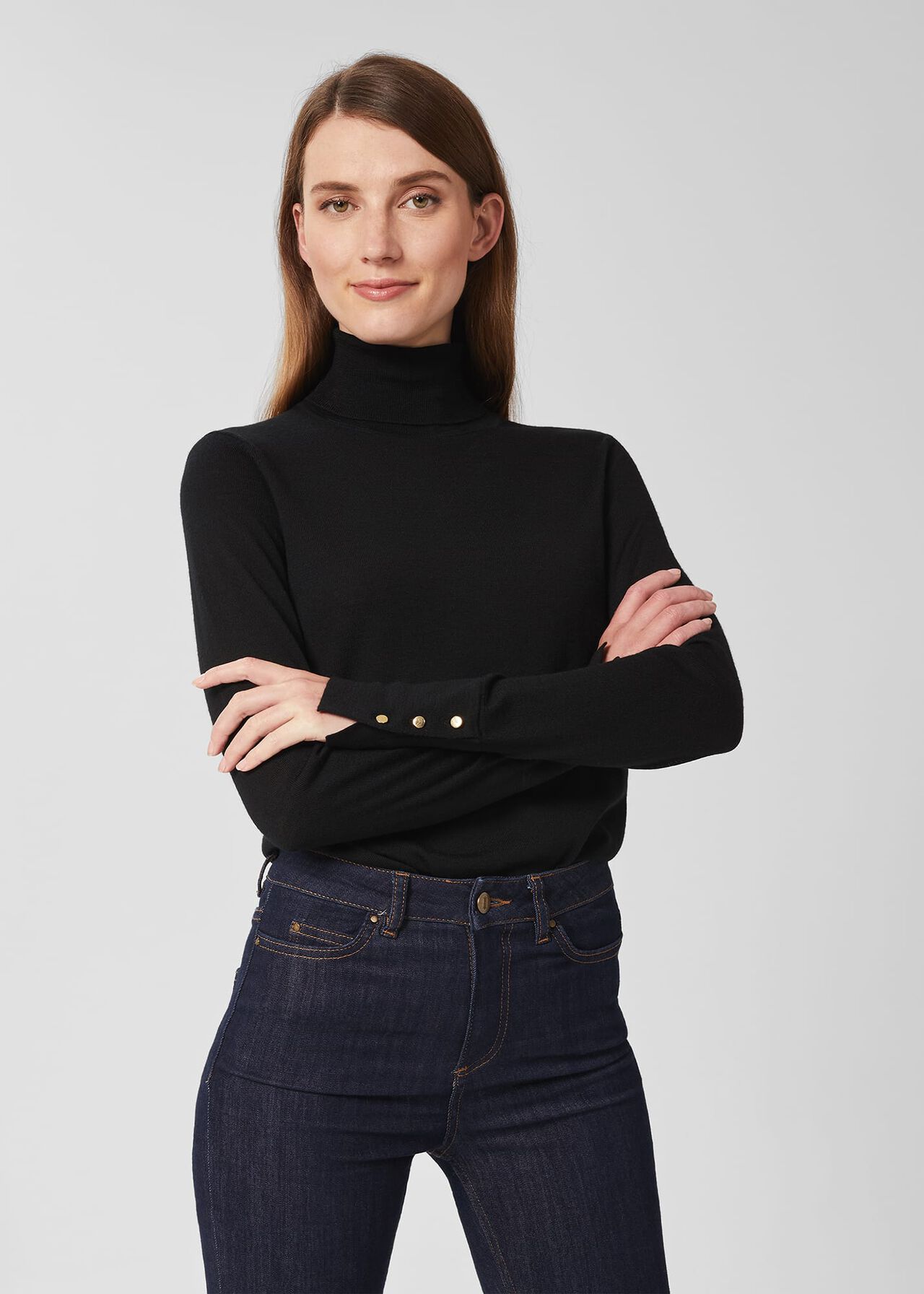 Lara Merino Wool Roll Neck Jumper, Black, hi-res