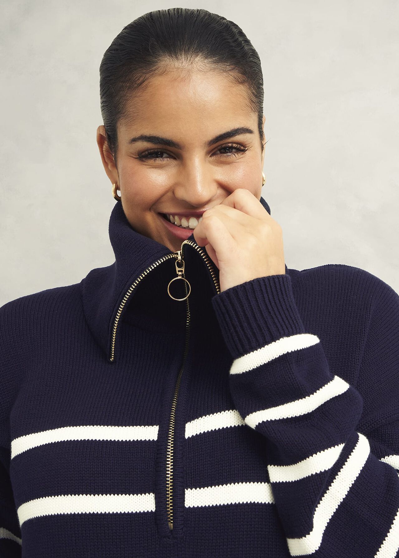 Amy Stripe Cotton Jumper, Warm Ivory Navy, hi-res