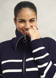 Amy Stripe Cotton Jumper, Warm Ivory Navy, hi-res