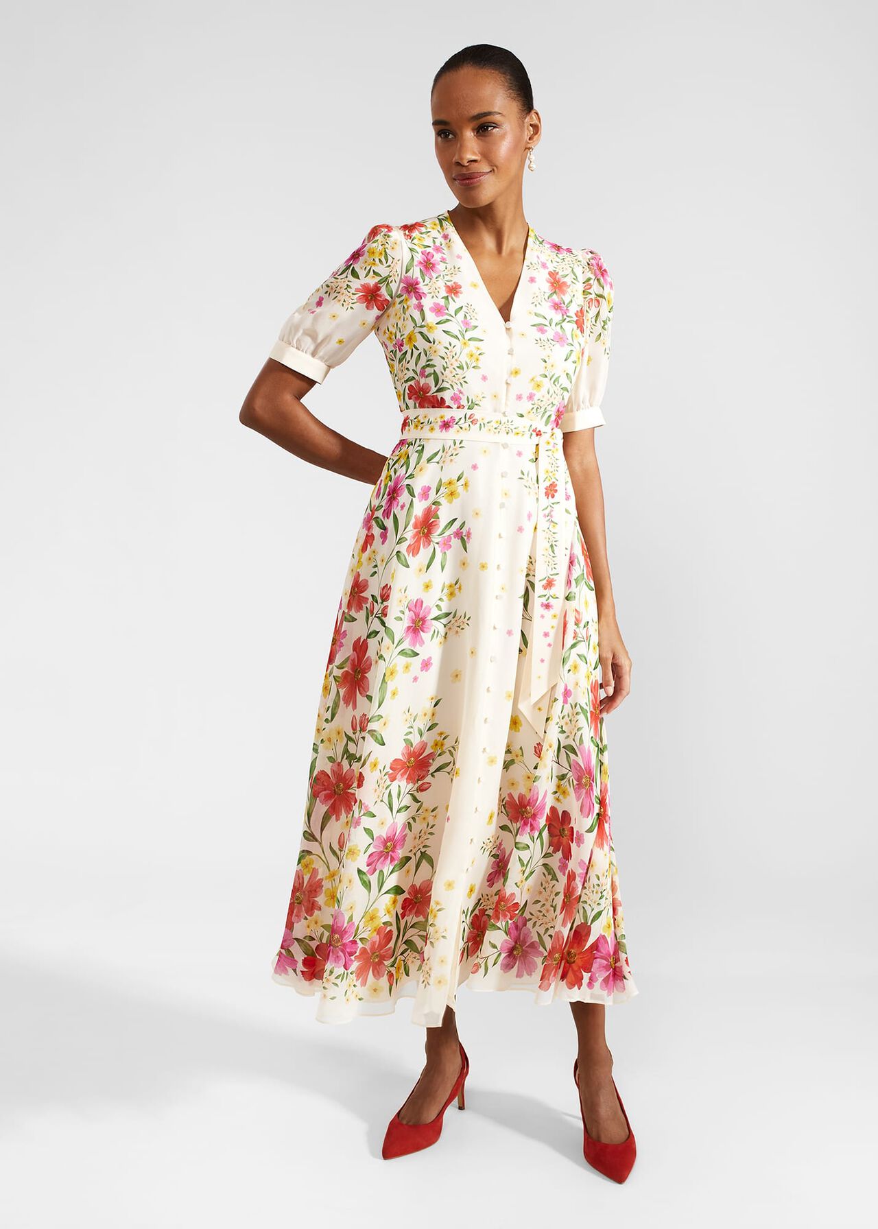 Petite Aurelia Floral Silk Dress, Cream Multi, hi-res