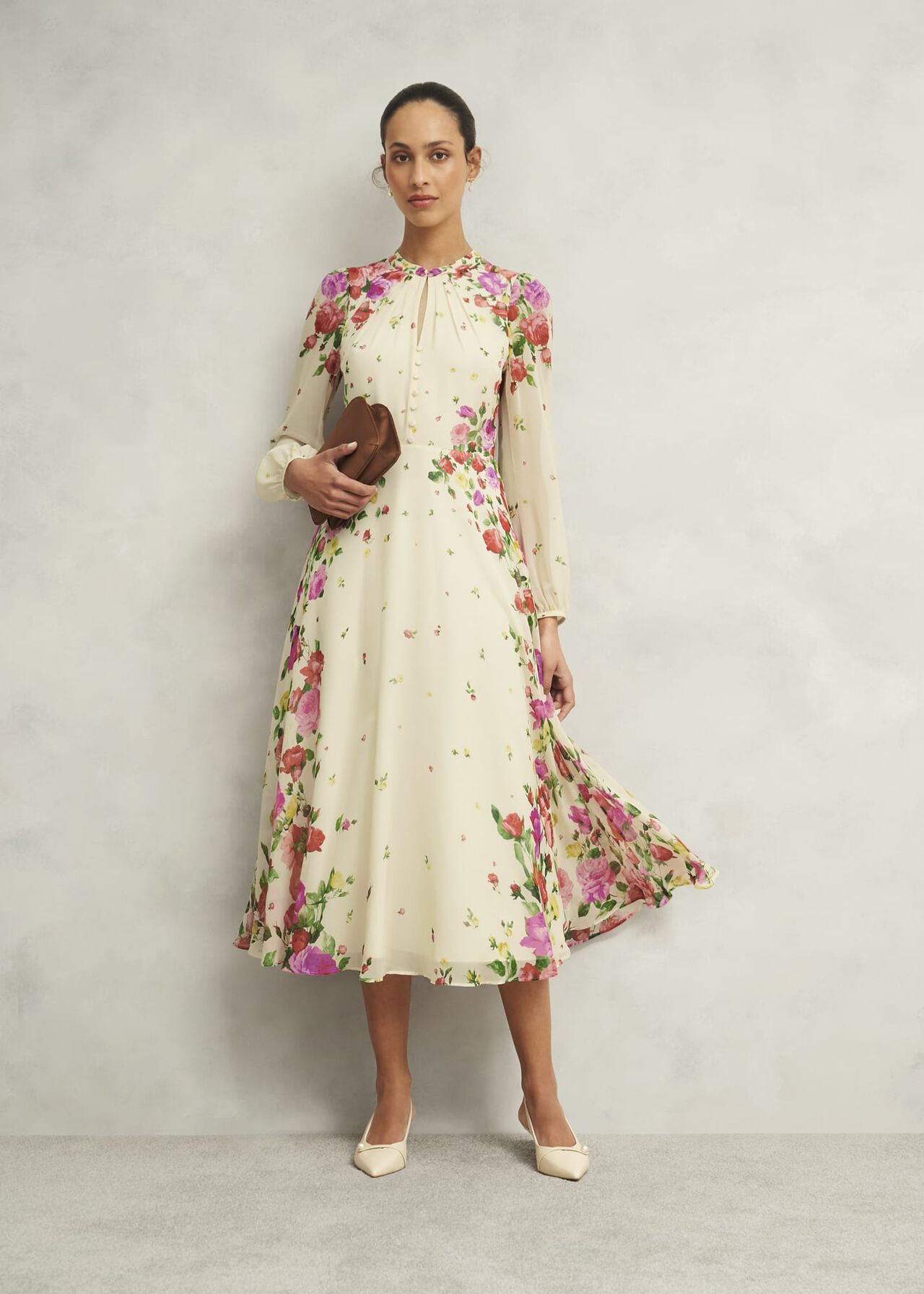 Eva Floral Silk Dress, Cream Multi, hi-res