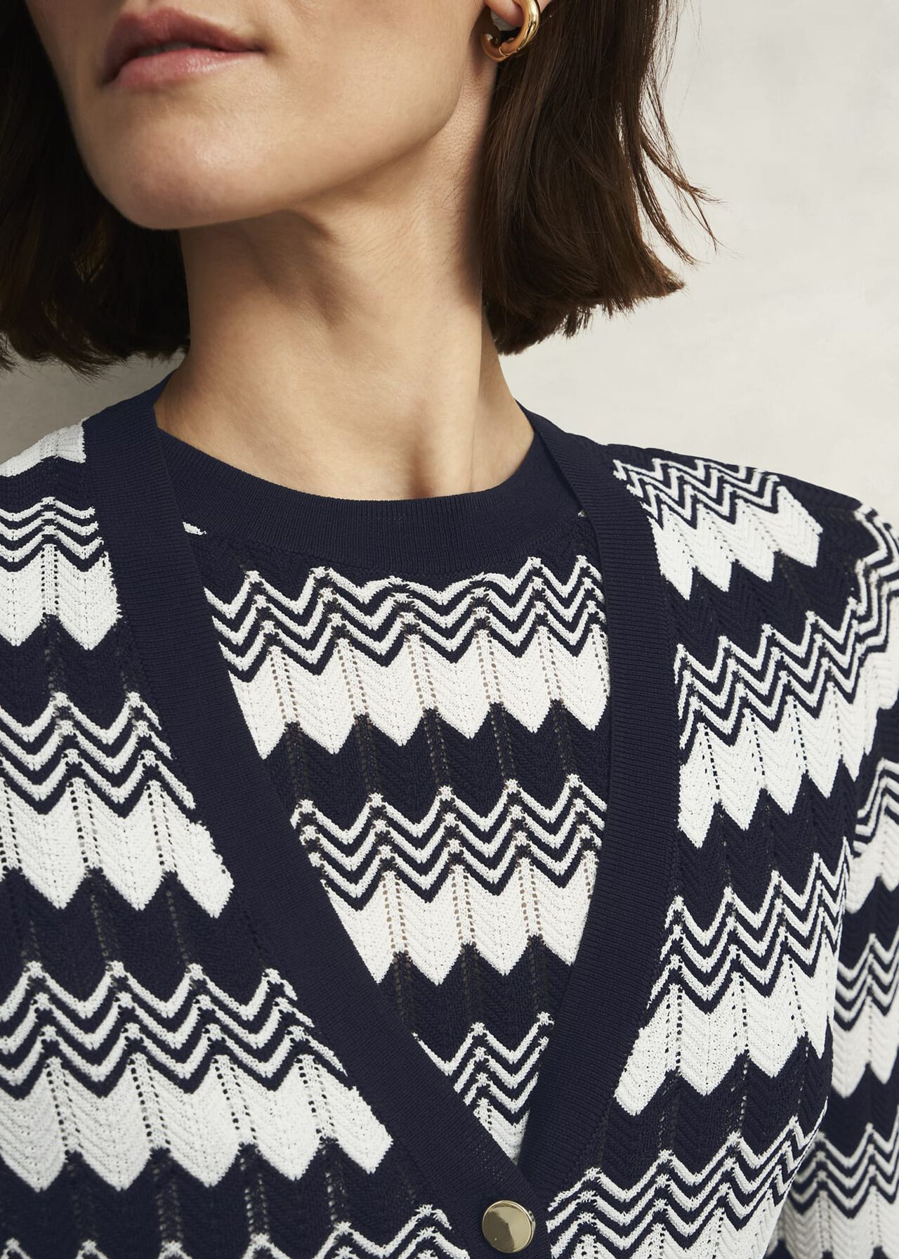 Navy Osterley Chevron Stripe V Neck Knitted Cardigan, Navy Ivory, hi-res
