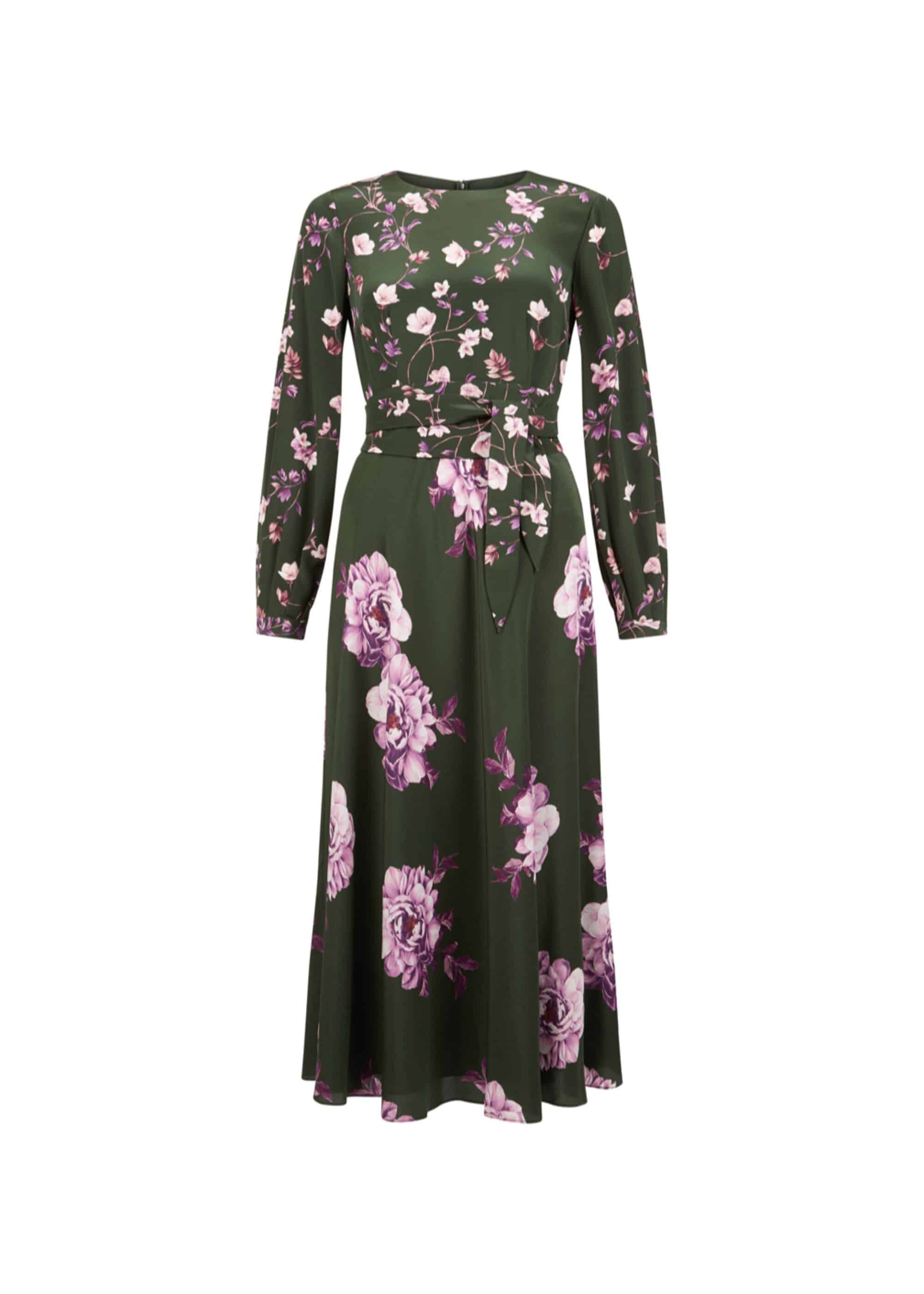 Hobbs Floral Silk Winter Rose Dress Midi Fit & Flare Dress Long Sleeve ...