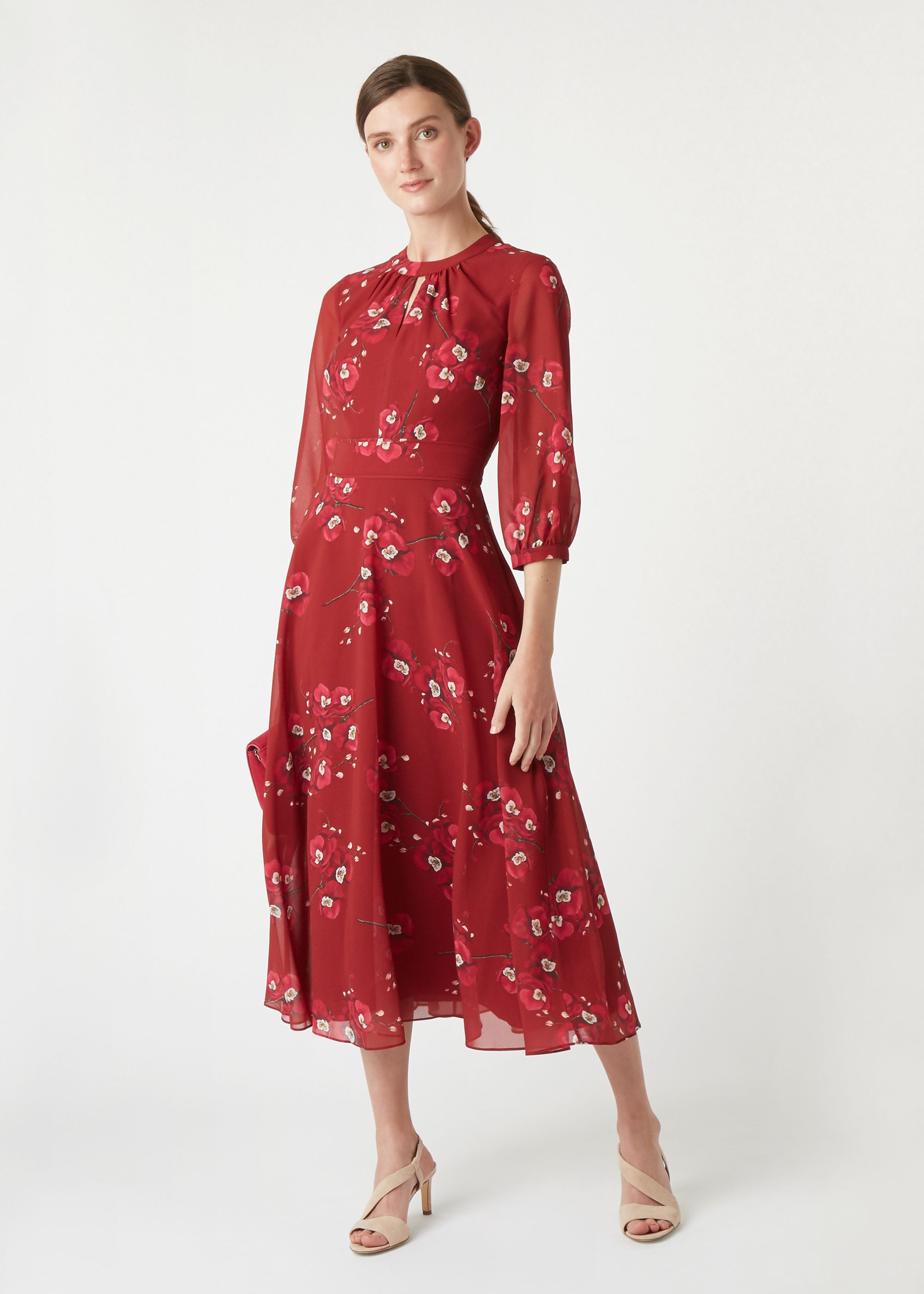 HOBBS Ladies Red Burgundy Aida Jersey V Neck Long Sleeve Dress Size UK8 NEW