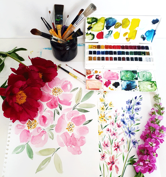 A watercolour study of pink and purple flowers