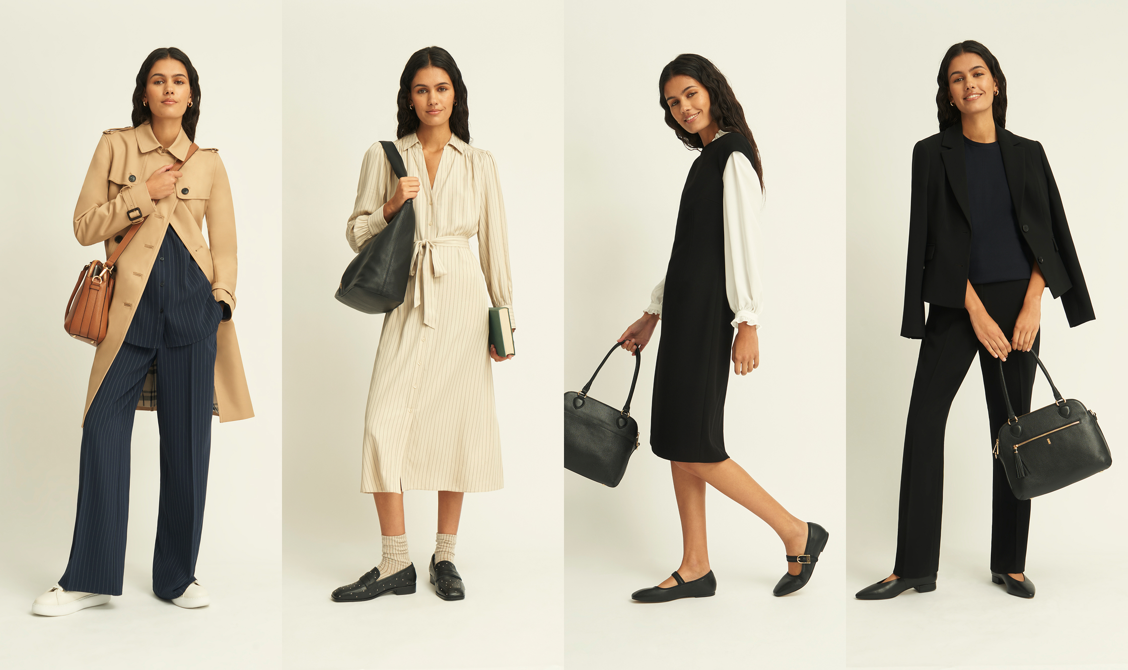  A girl wearing different work outfits, from casual to smart.