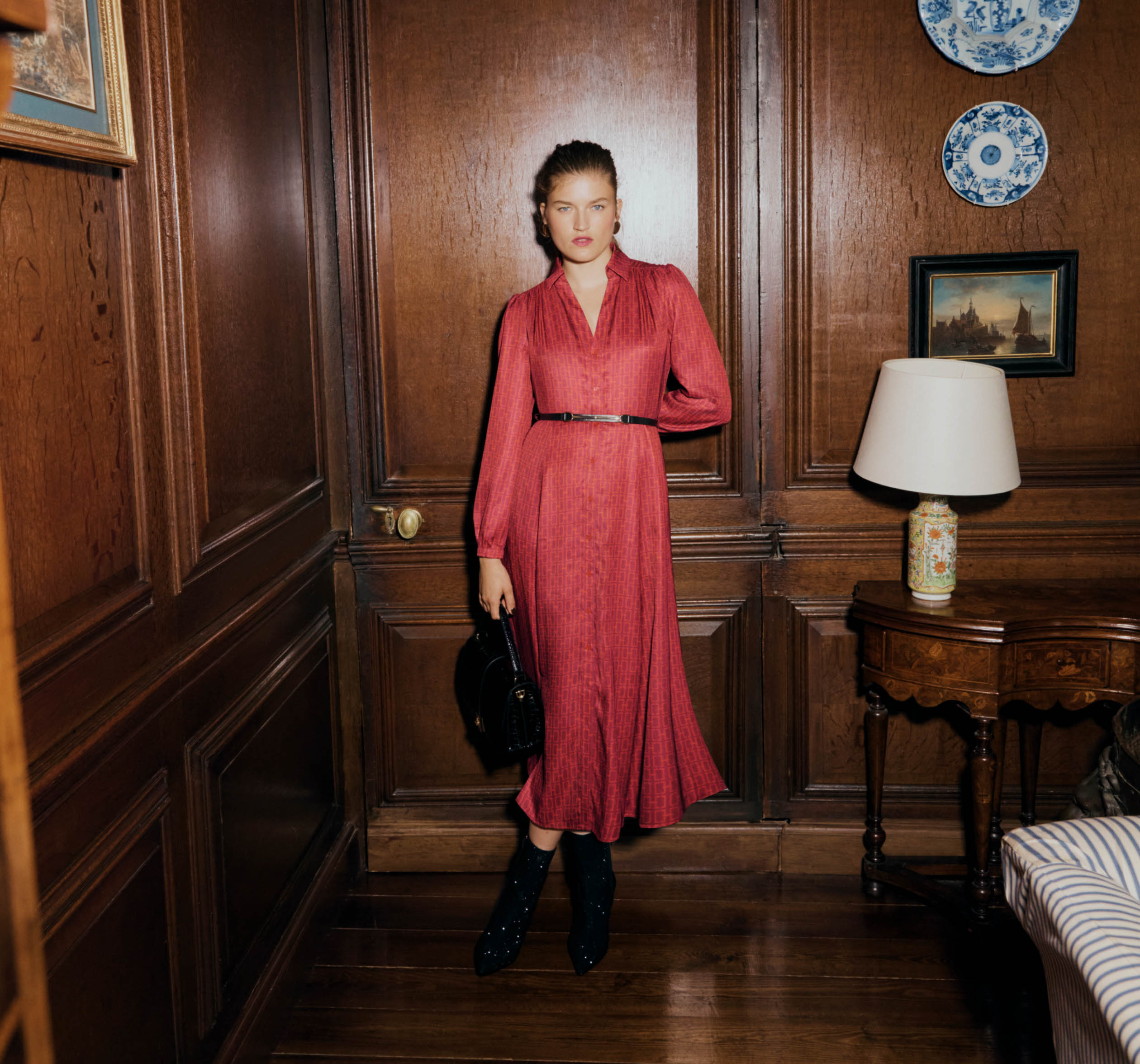 An image gallery of three images of models wearing occasion dresses to a Christmas party.