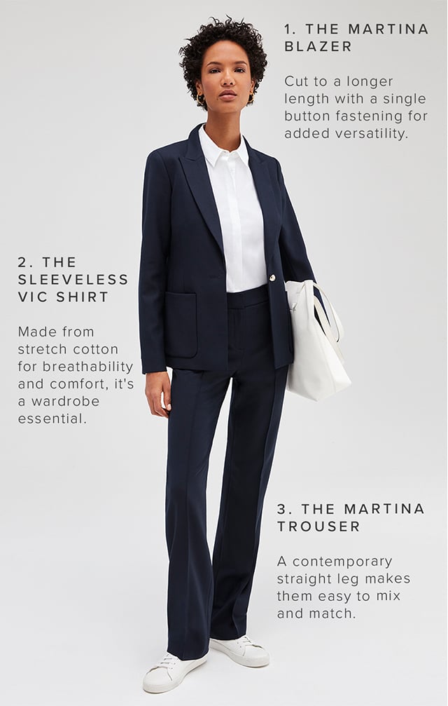 Model poses with a breakdown of Hobbs martina tailored trouser suit and how it has been designed to fit and flatter in any combination